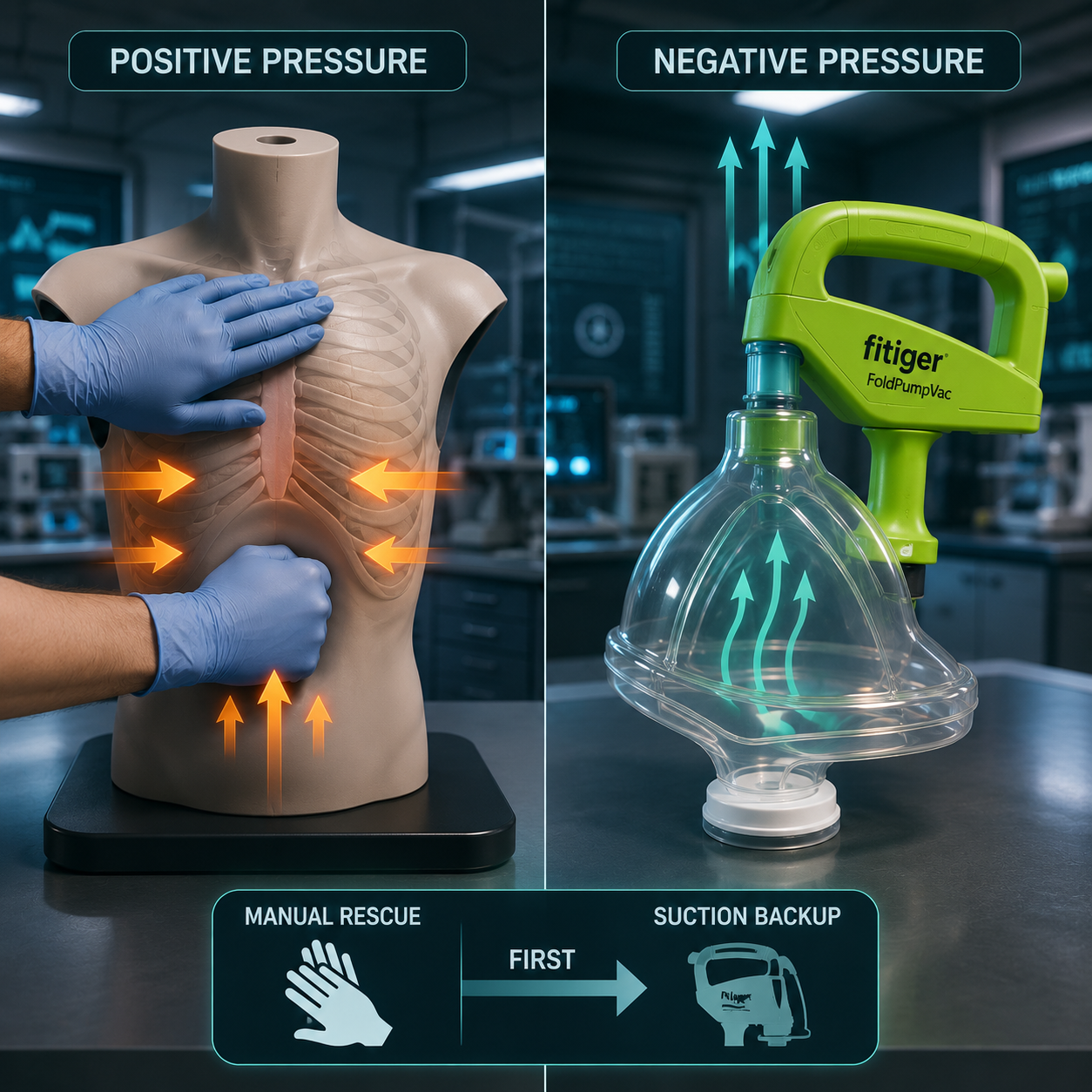 Positive pressure manual rescue and negative pressure suction backup mechanics comparison