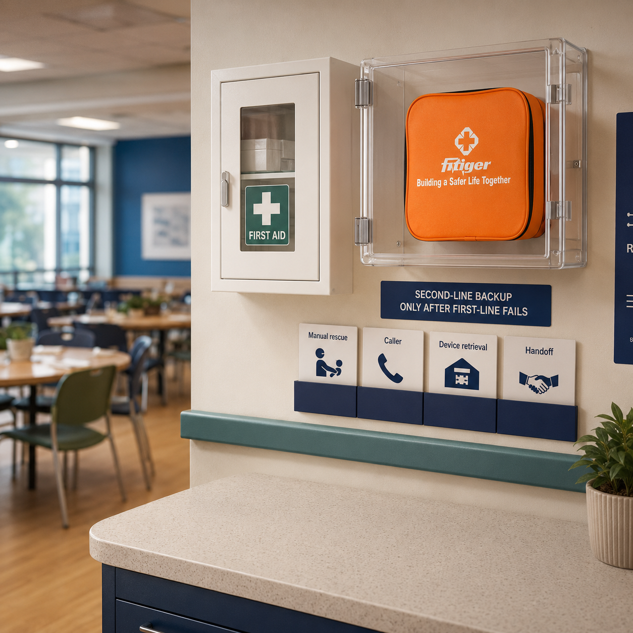 School and care readiness station with Fitiger kit as second-line choking rescue backup