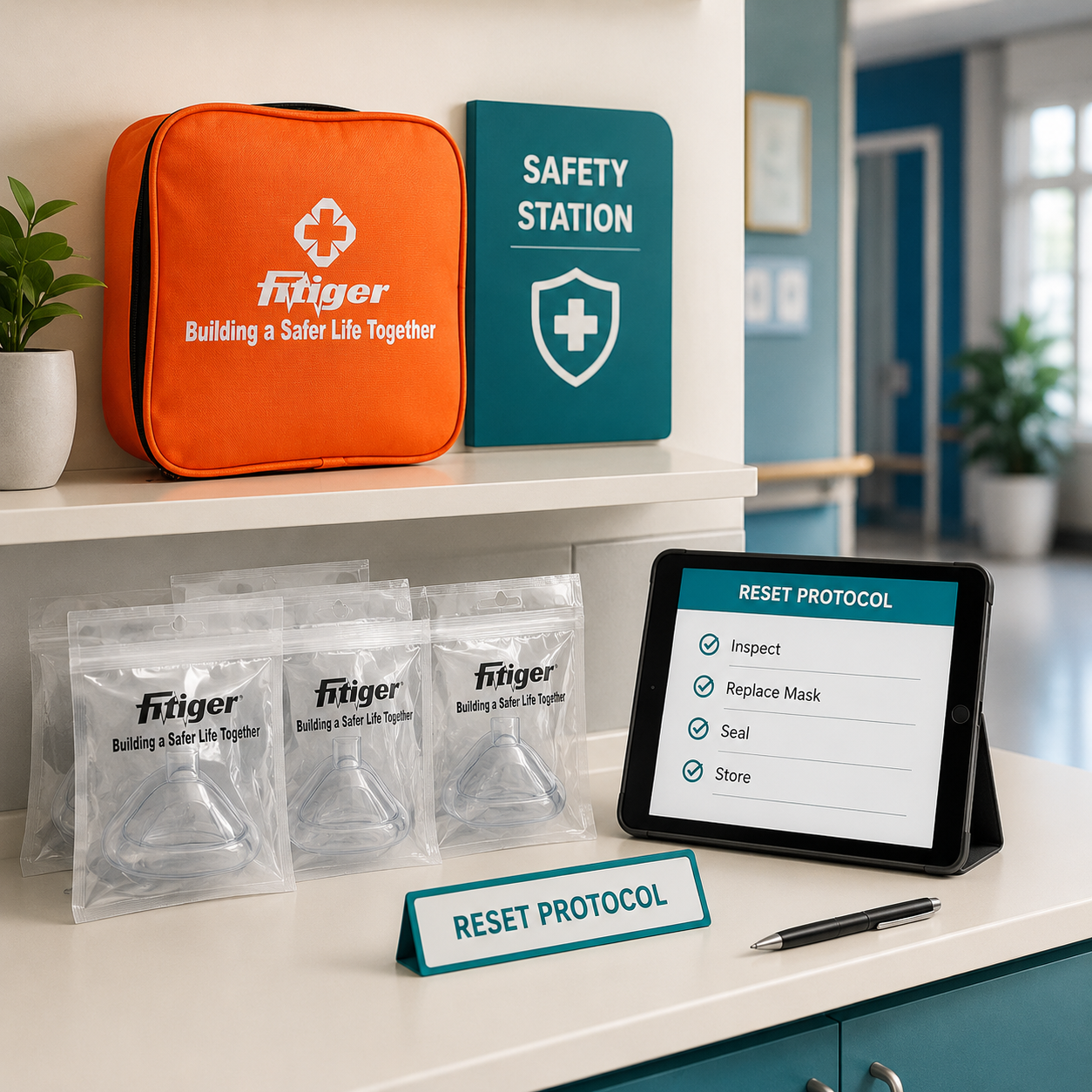 Fitiger shared facility reset protocol with sealed replacement masks