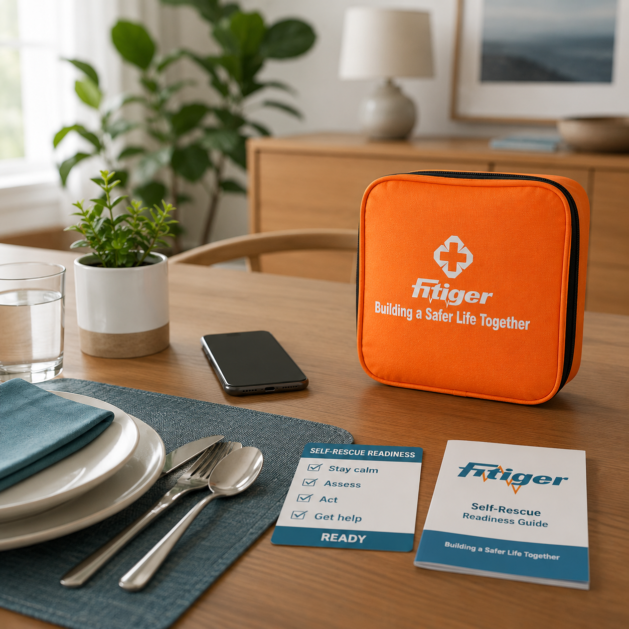 Fitiger self rescue readiness setup at dining table with emergency phone and orange kit