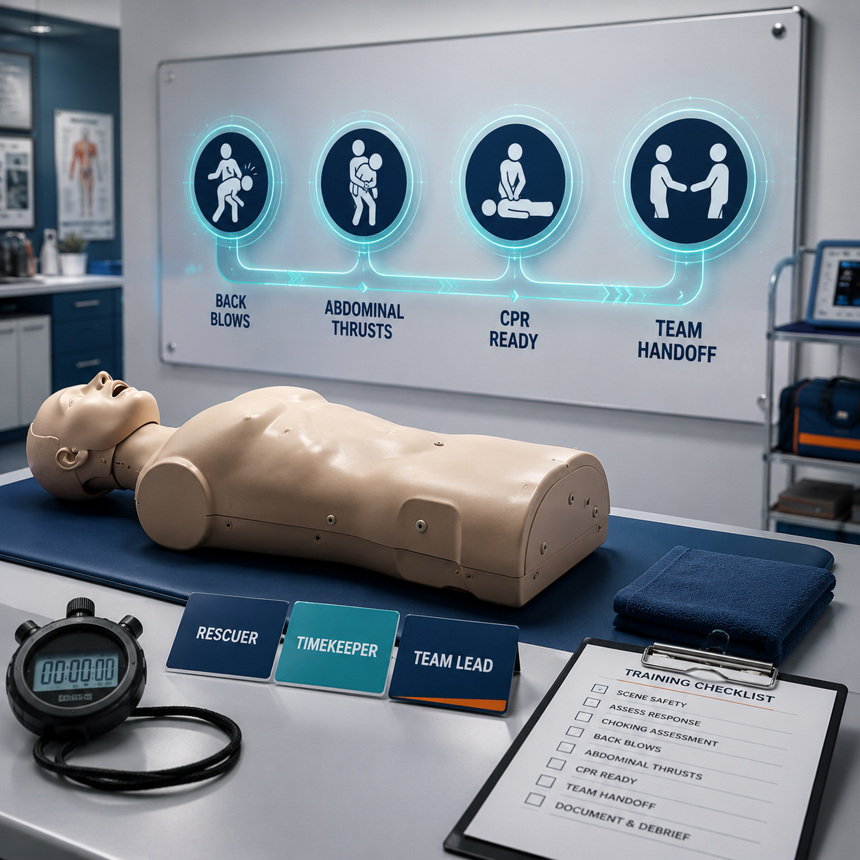 BLS choking rescue sequence continues after unsuccessful device attempt