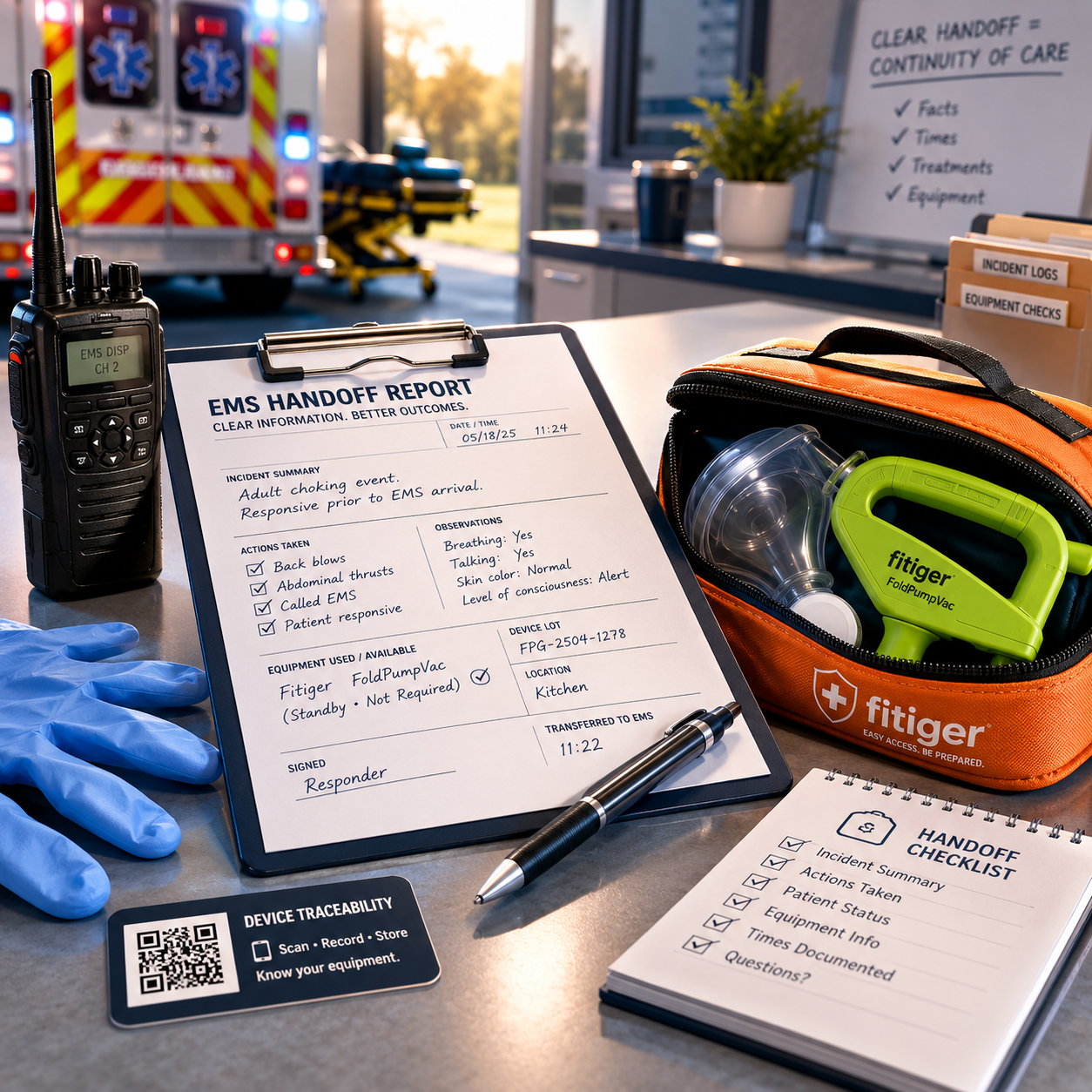 EMS handoff report with Fitiger device kit and choking response documentation