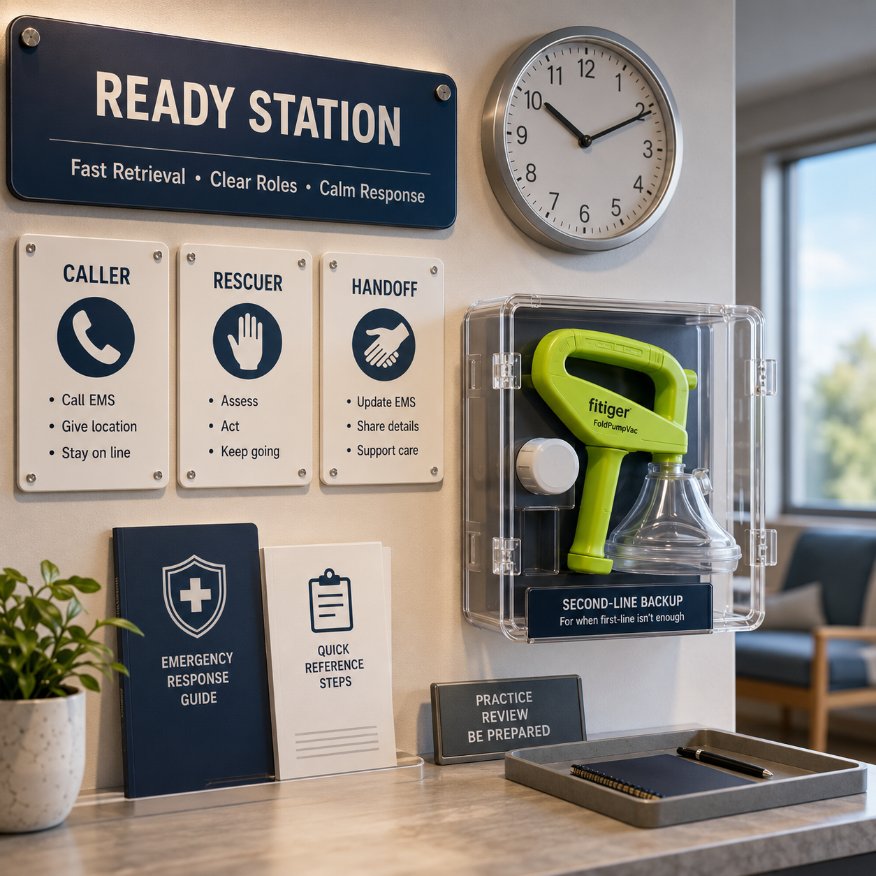 Fast retrieval readiness station with Fitiger anti choking device and assigned emergency roles