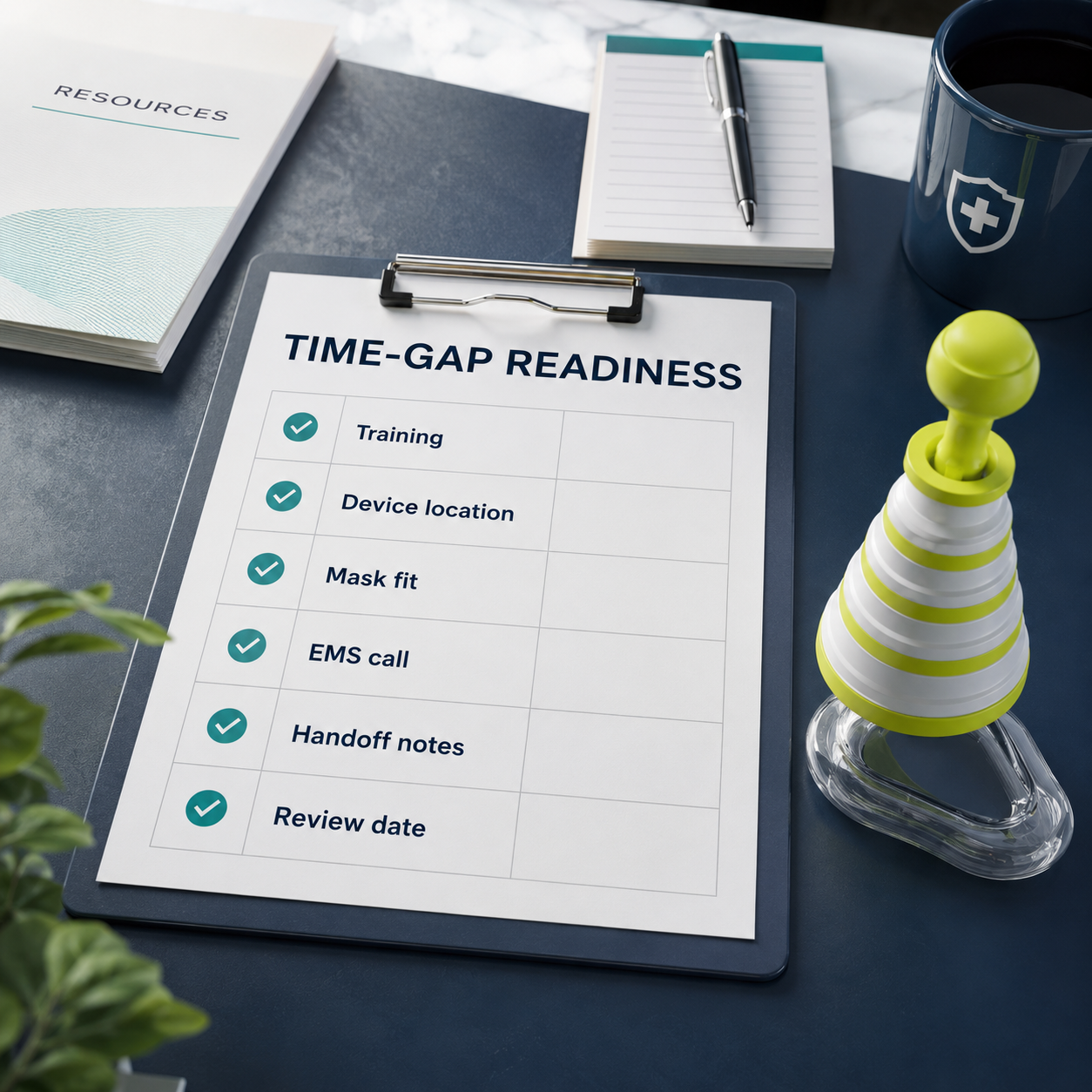 Time-gap readiness checklist with Fitiger anti choking device and emergency review items
