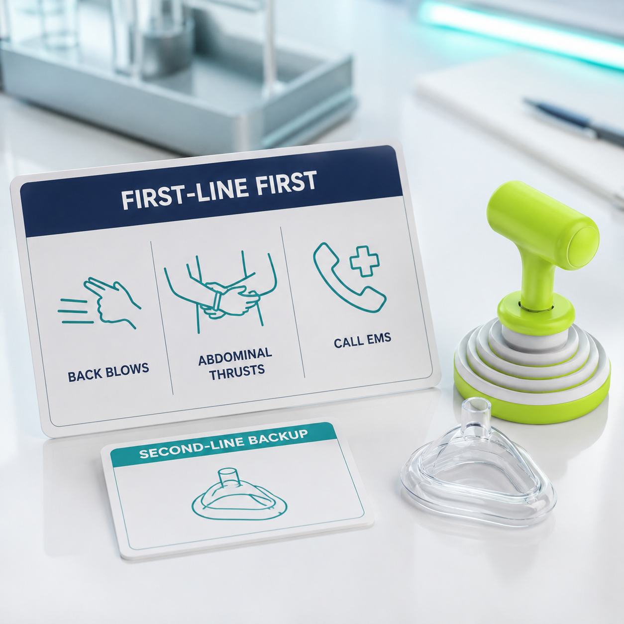 First-line choking rescue workflow card with Fitiger second-line backup device