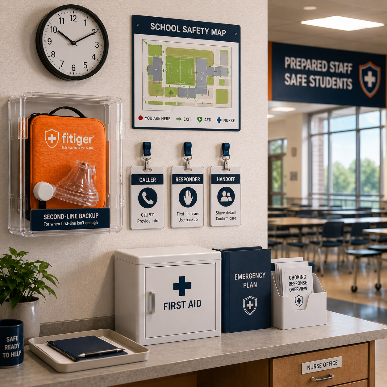 School cafeteria choking readiness station with Fitiger kit and staff response roles