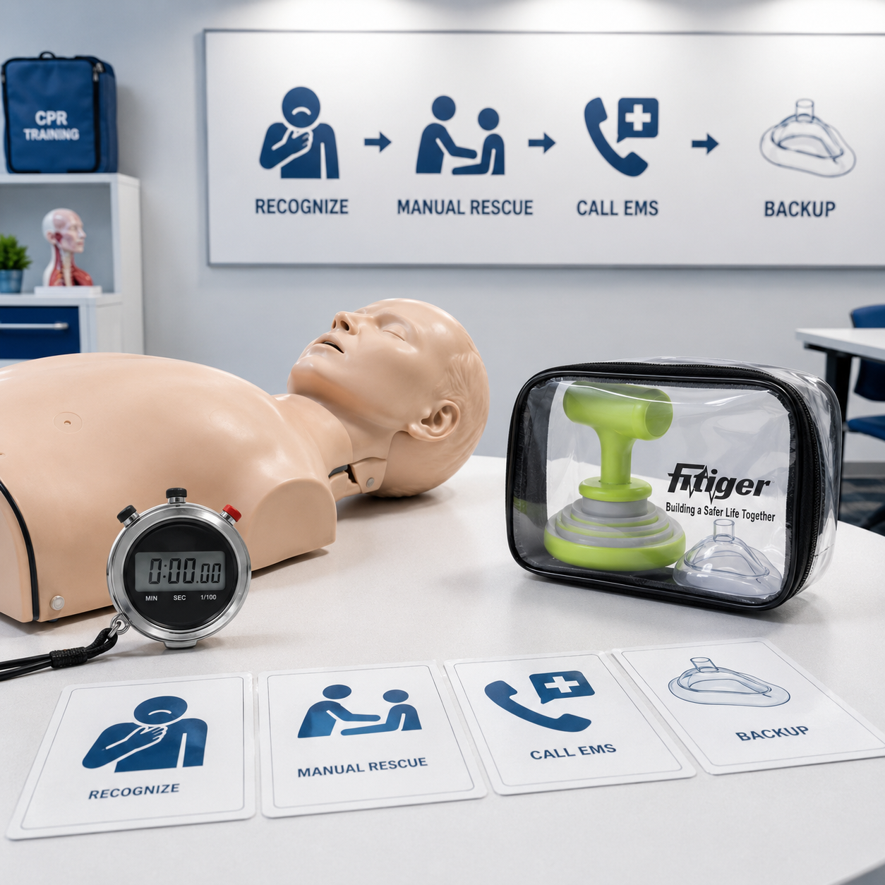 Choking rescue training room with stopwatch, first-line response cards, and Fitiger backup device