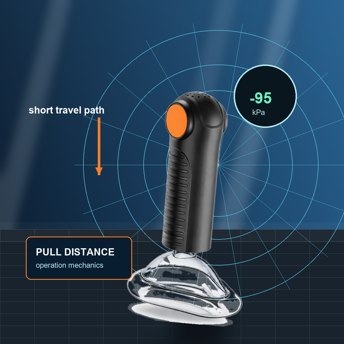 Fitiger EasyPumpVac shorter operation path and pull distance mechanics visualization