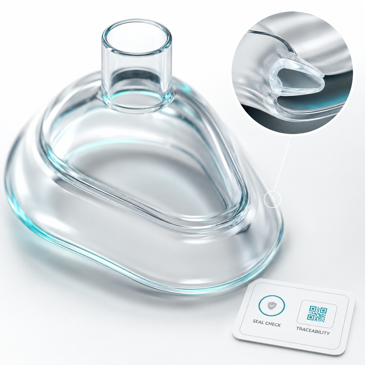 transparent silicone anti choking mask seal lip close up with traceability card