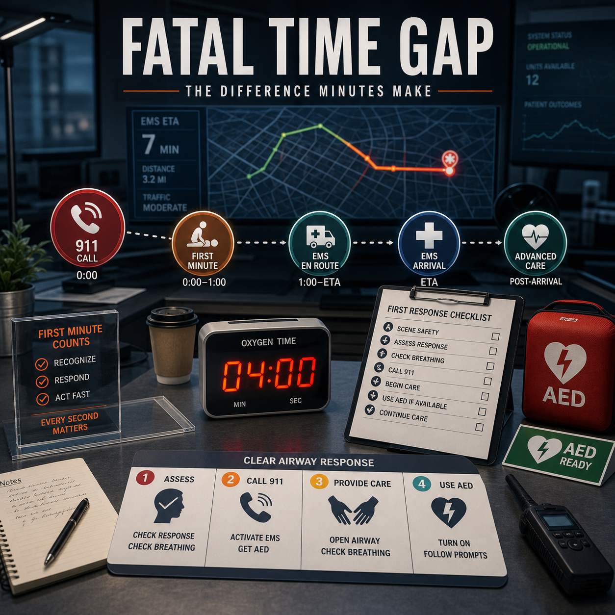 cinematic 3D emergency response timeline showing the fatal choking time gap before EMS arrival