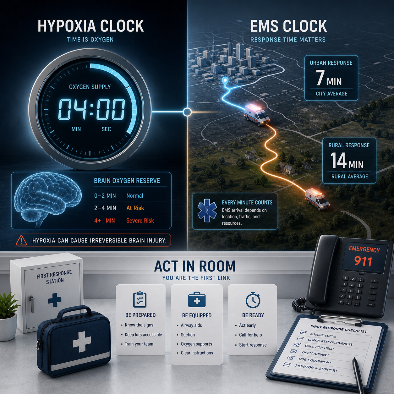 cinematic 3D hypoxia clock and EMS response timeline for a choking emergency