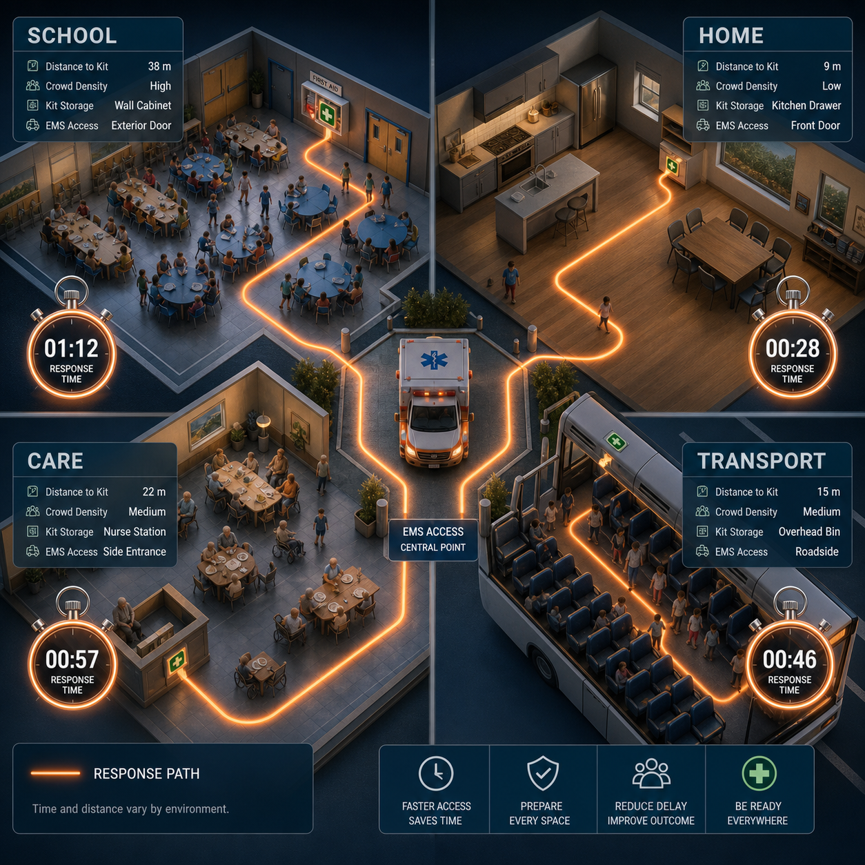 cinematic 3D response-delay map comparing school home care facility and transport choking readiness