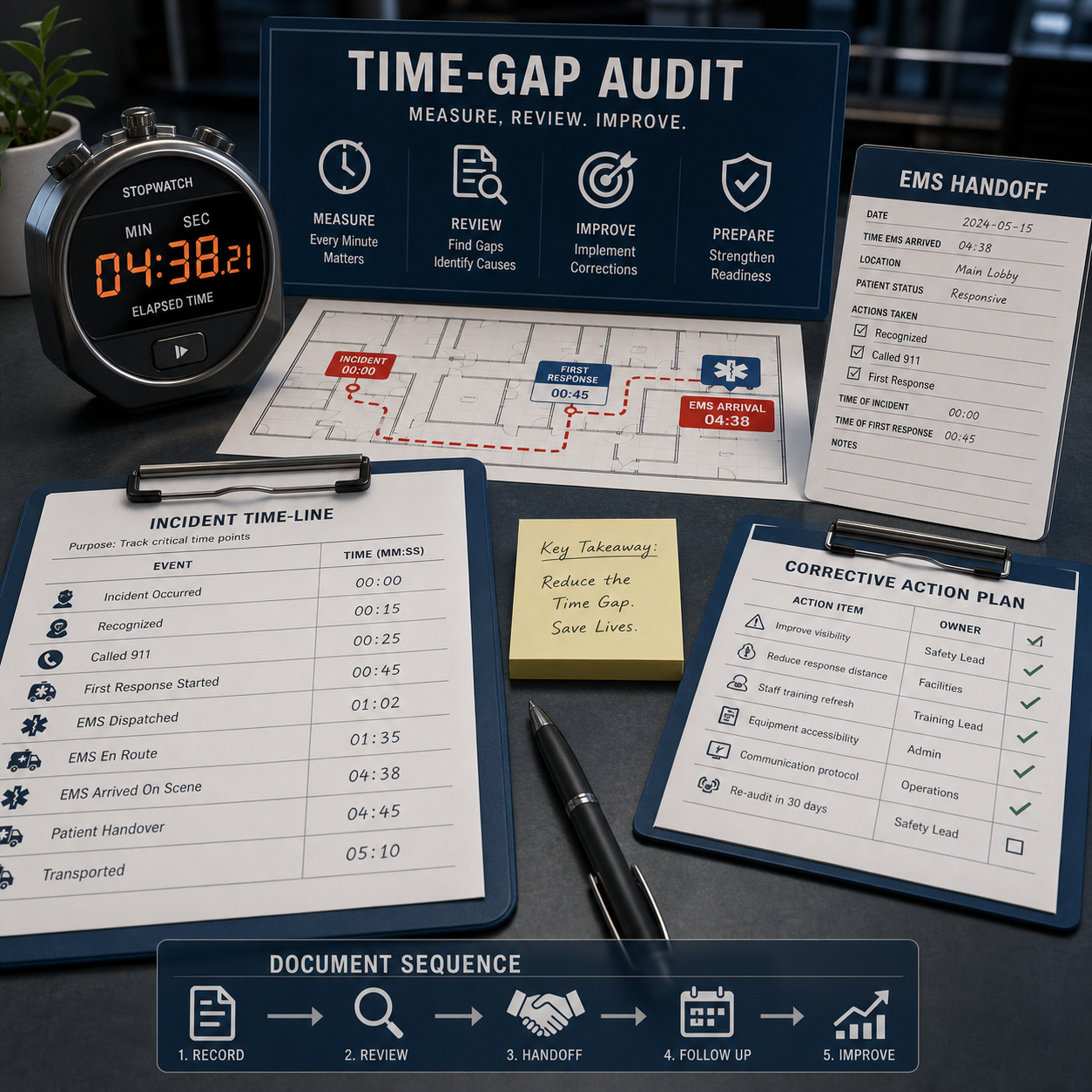 cinematic 3D time-gap audit clipboard with EMS handoff path and choking incident documentation