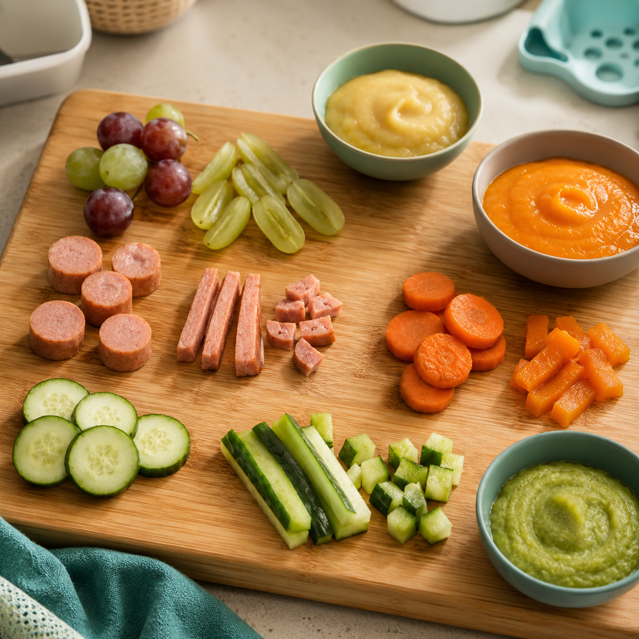 cinematic 3D baby toddler food preparation scene comparing risky round foods with safer lengthwise cuts and soft textures