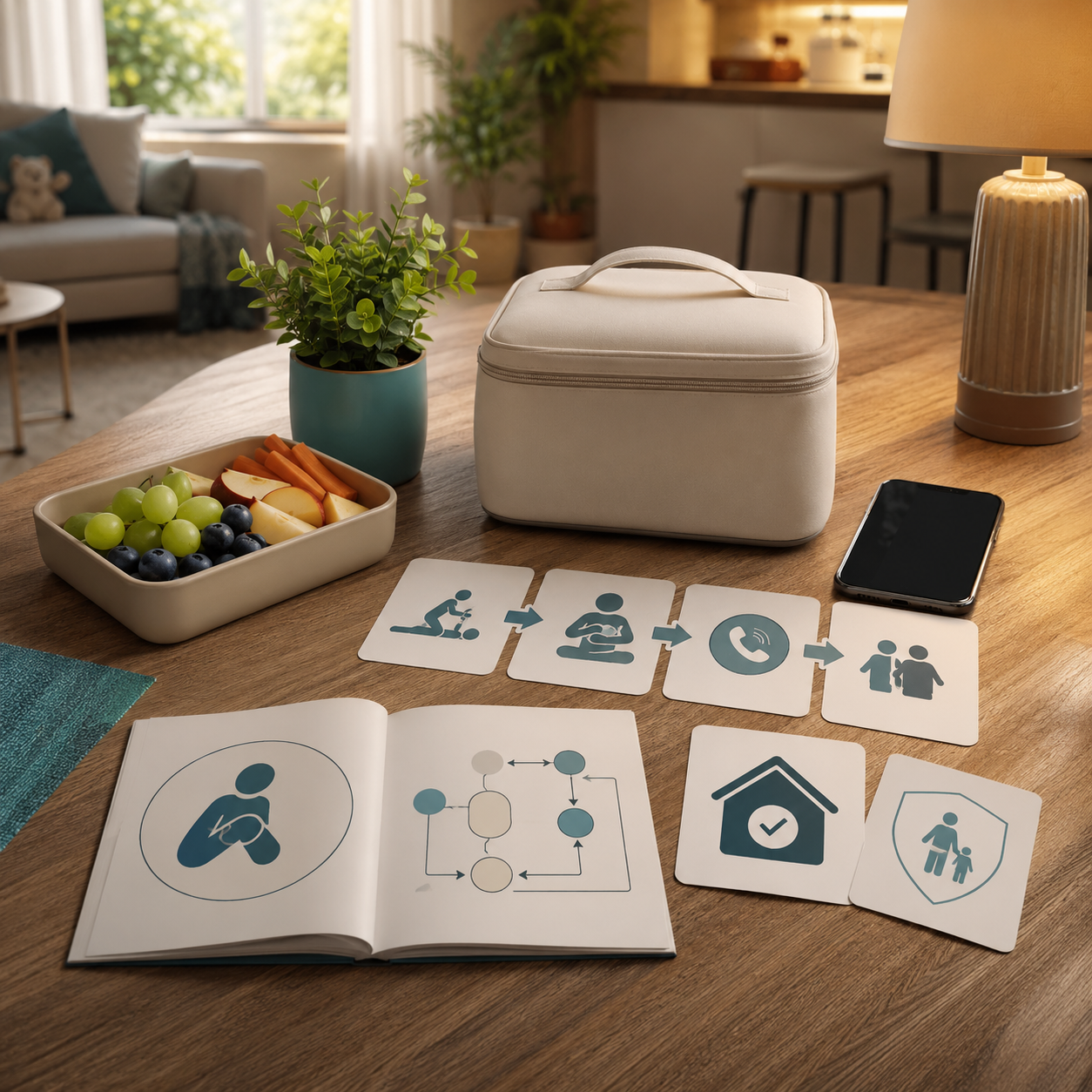 cinematic 3D second-line backup boundary scene for baby toddler home readiness showing manual rescue first and product instructions before device use