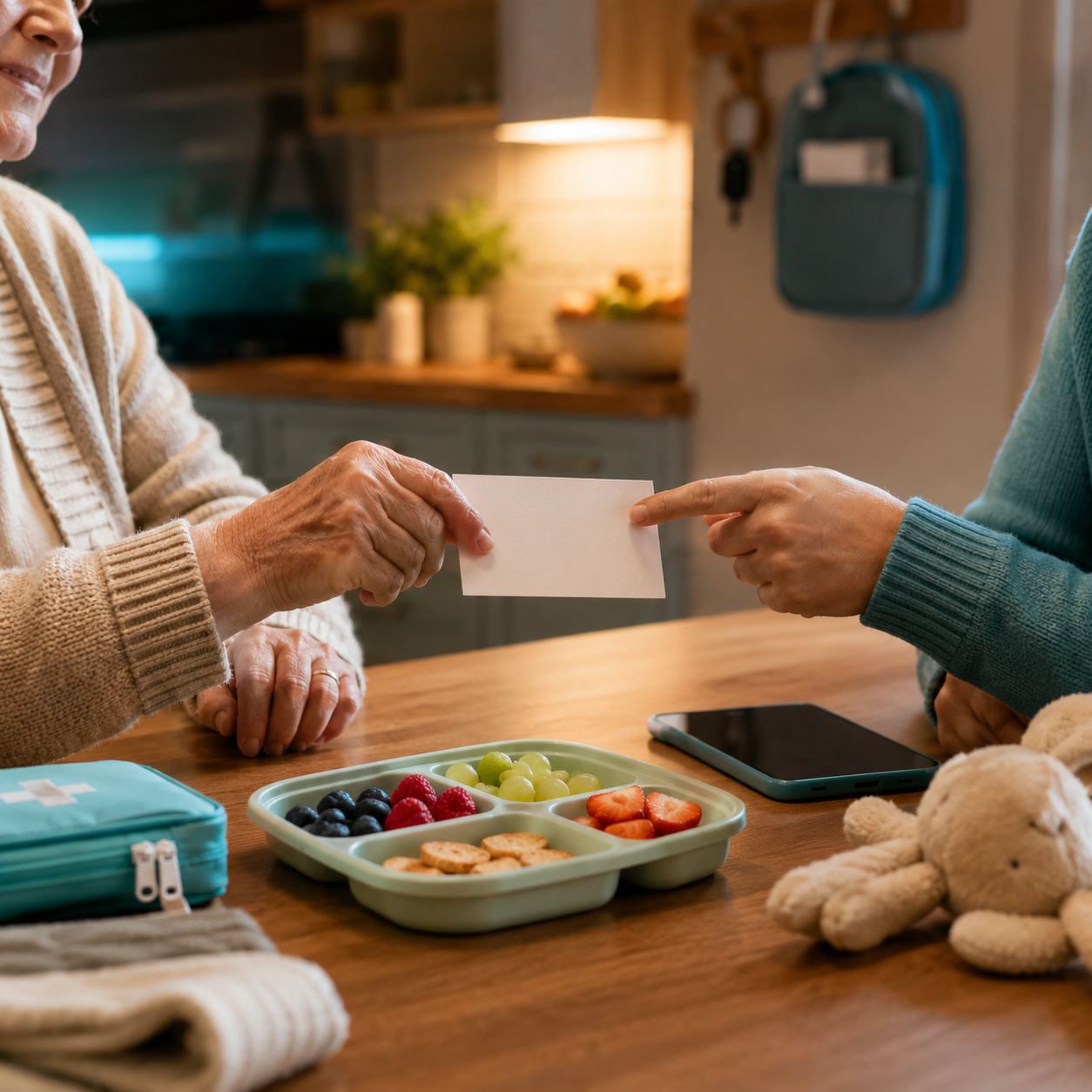 cinematic 3D babysitter and grandparent handoff card scene showing parent reviewing household choking rules in a calm kitchen