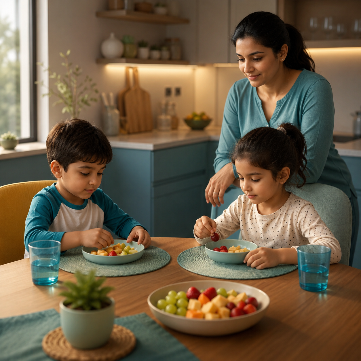 cinematic 3D daily family food rules checklist for kids showing seated snacks no rough play and caregiver supervision in a home kitchen