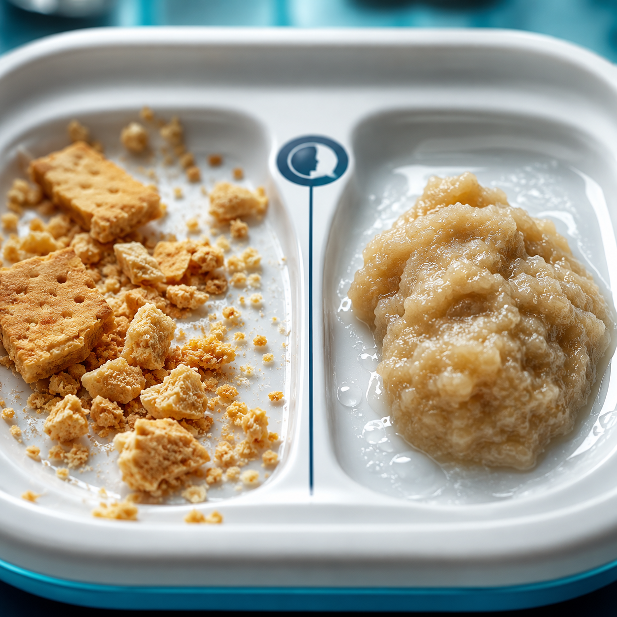cinematic 3D dry crumbly food bolus control scene showing scattered particles and safer moist cohesive preparation