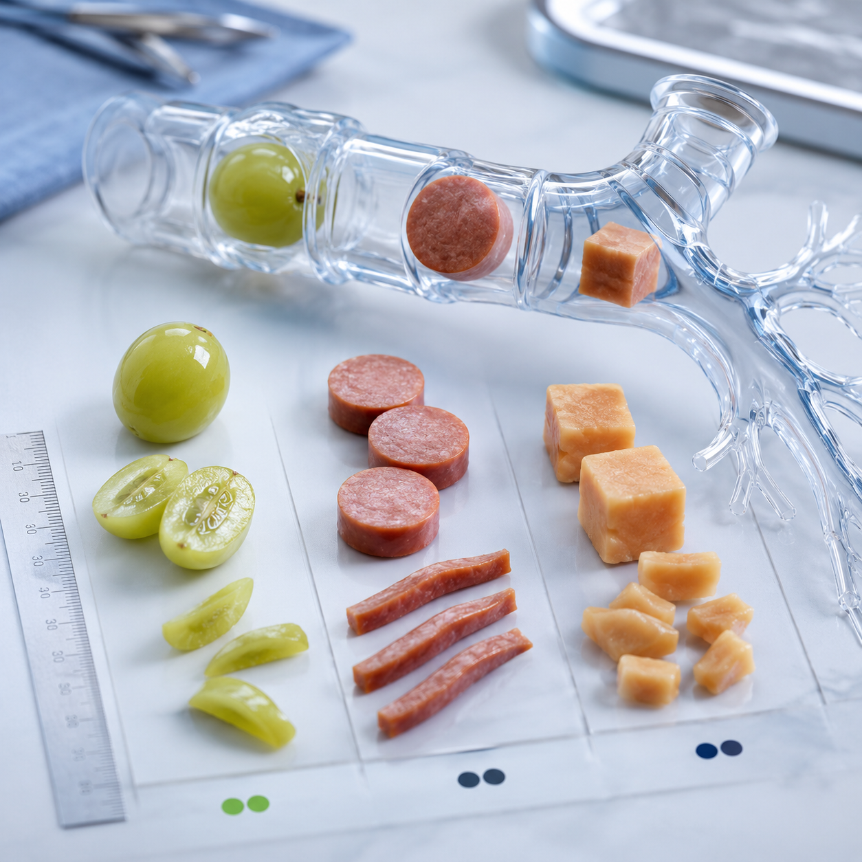 cinematic 3D food geometry comparison showing round foods versus lengthwise safer cuts and airway plug risk