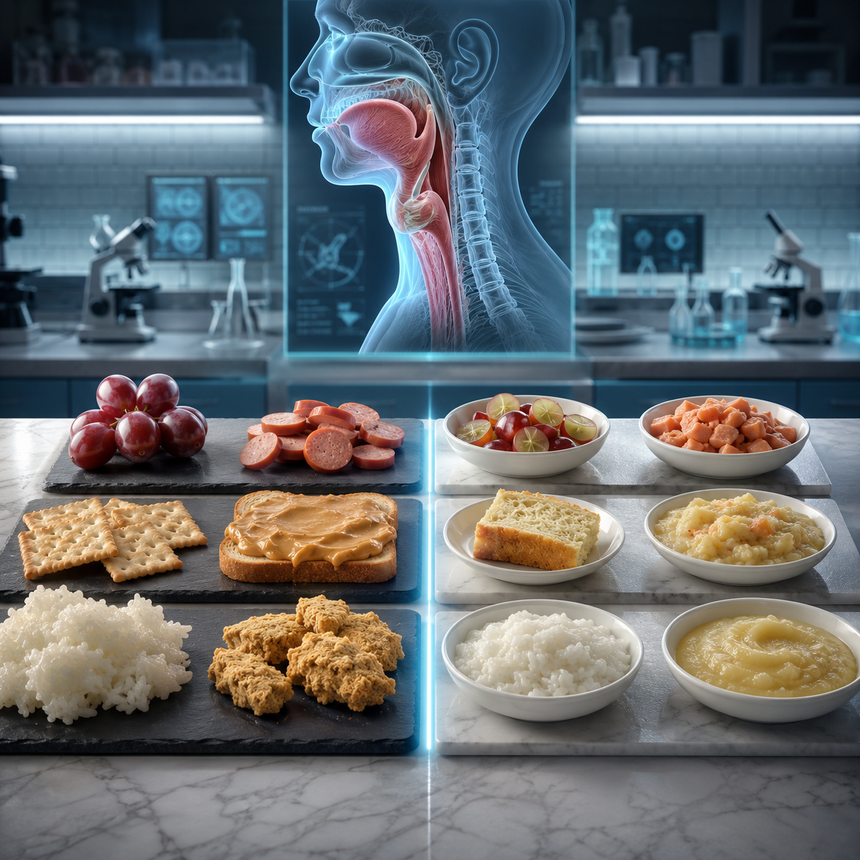 cinematic 3D food texture choking risk cover showing risky round sticky and dry foods beside safer prepared textures for older adults