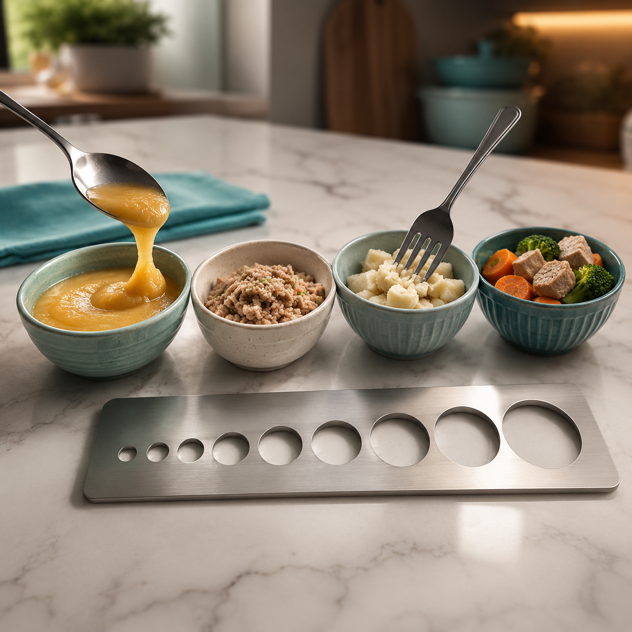 cinematic 3D IDDSI home texture testing setup with spoon tilt fork pressure and measured particle size tools