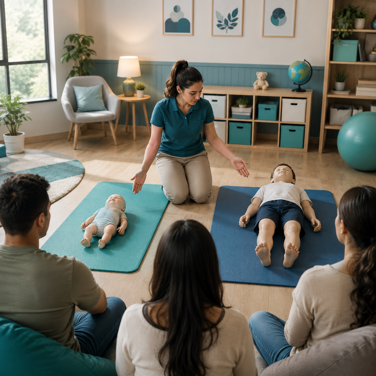 cinematic 3D caregiver training card showing infant back blows and chest thrusts versus child back blows and abdominal thrusts