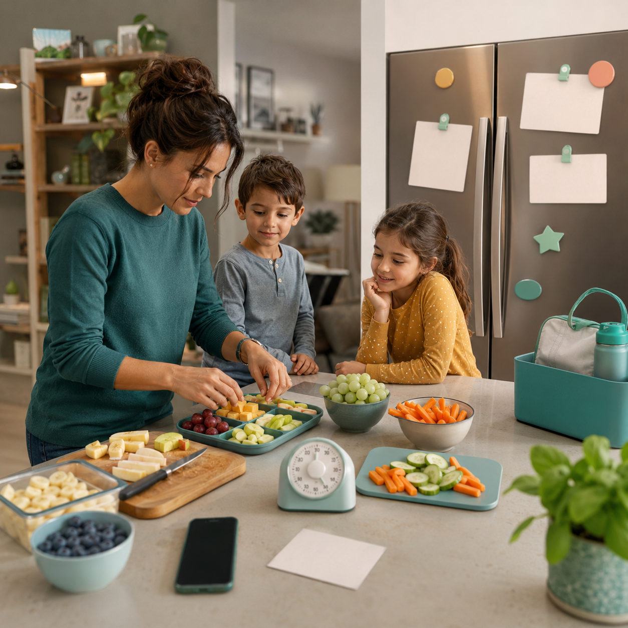 cinematic 3D party travel and sports day snack readiness scene showing safer snack packing caregiver role card and portable backup boundary