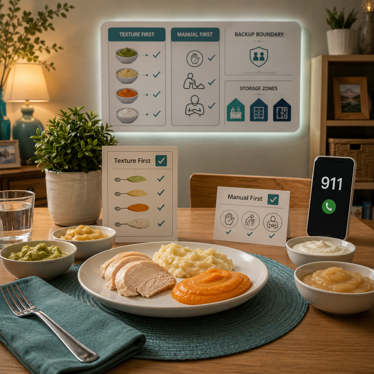 cinematic 3D home dining readiness station showing food texture planning first manual rescue first and second-line backup boundary