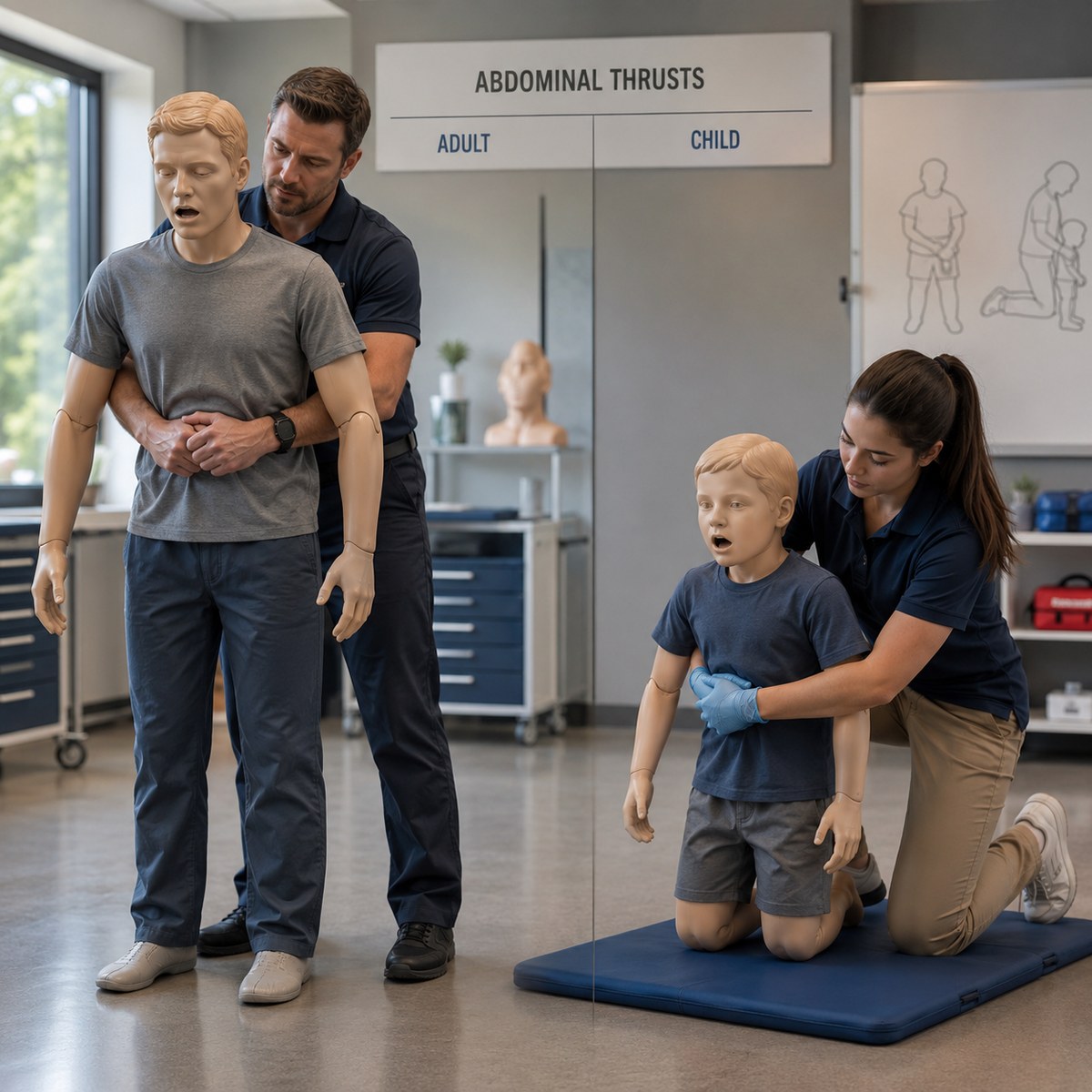 cinematic 3D abdominal thrusts Heimlich maneuver training scene comparing adult standing position and child kneeling rescuer position