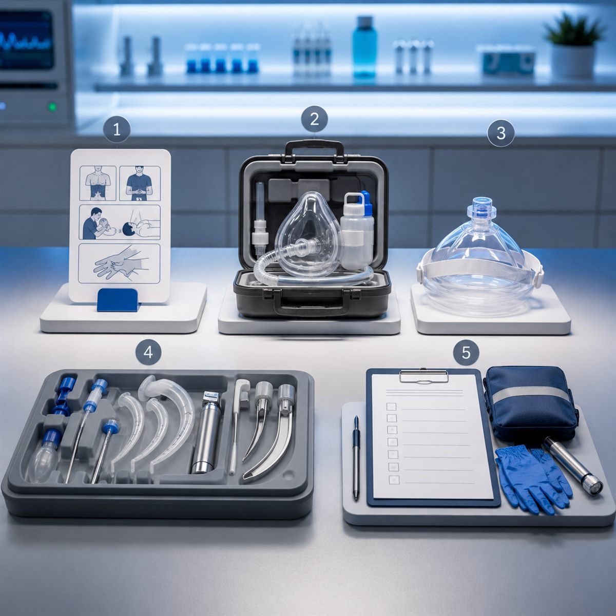 cinematic 3D comparison of manual first aid consumer suction backup CPR barrier professional airway tools and prevention readiness stations