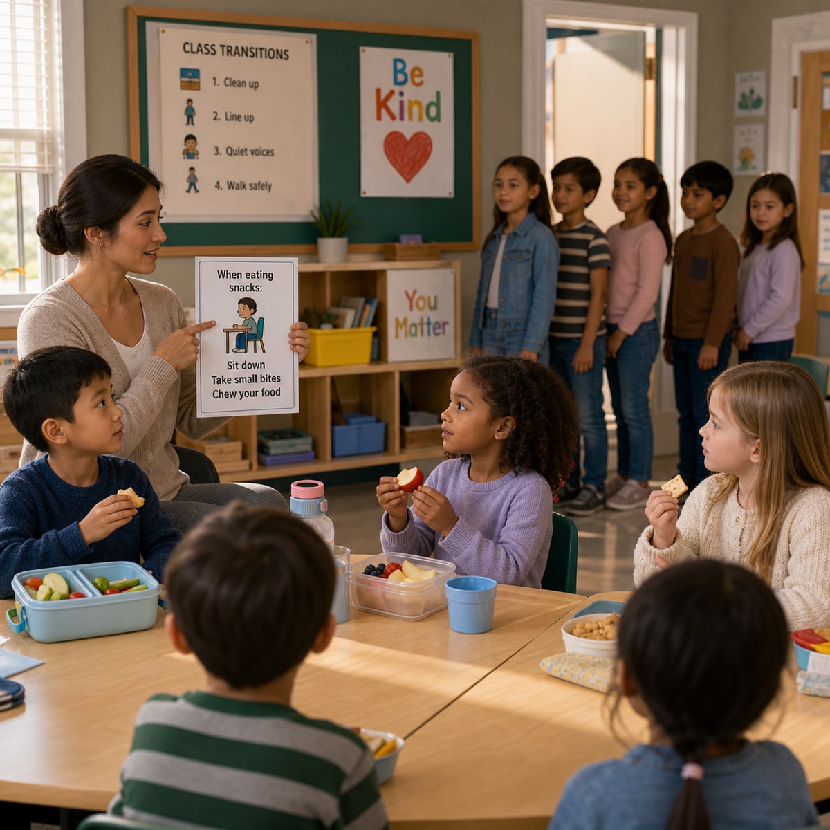 cinematic 3D classroom snack transition scene showing seated eating rule and calm teacher supervision for choking prevention