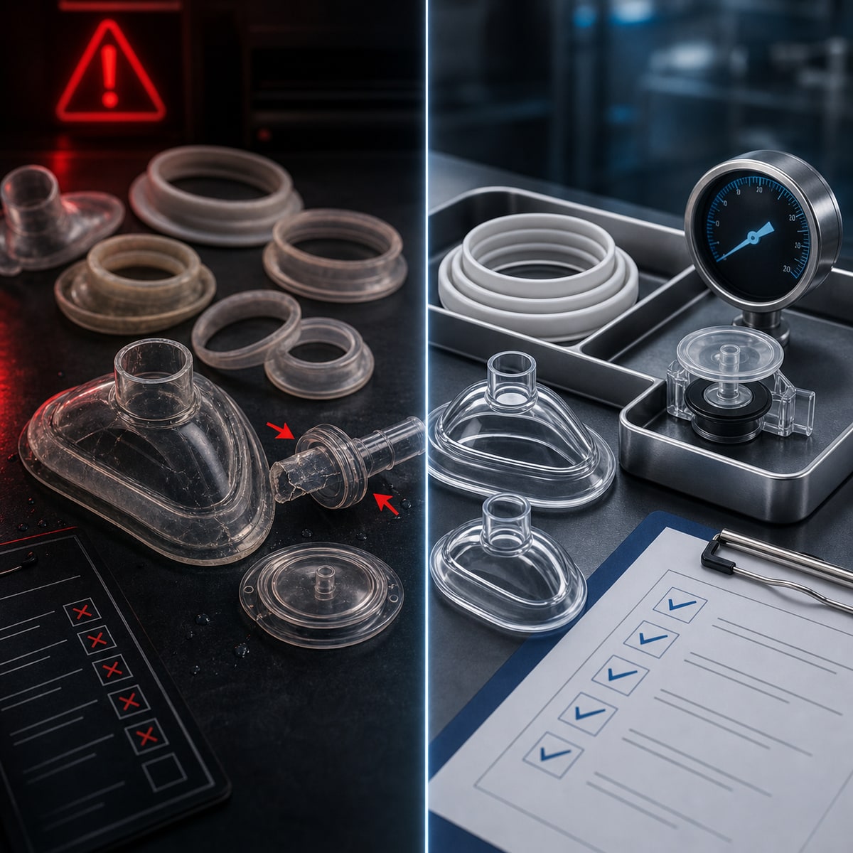 cinematic 3D procurement comparison showing traceable documented pressure circuit versus unclear generic copy with valve leak and mask mismatch cues
