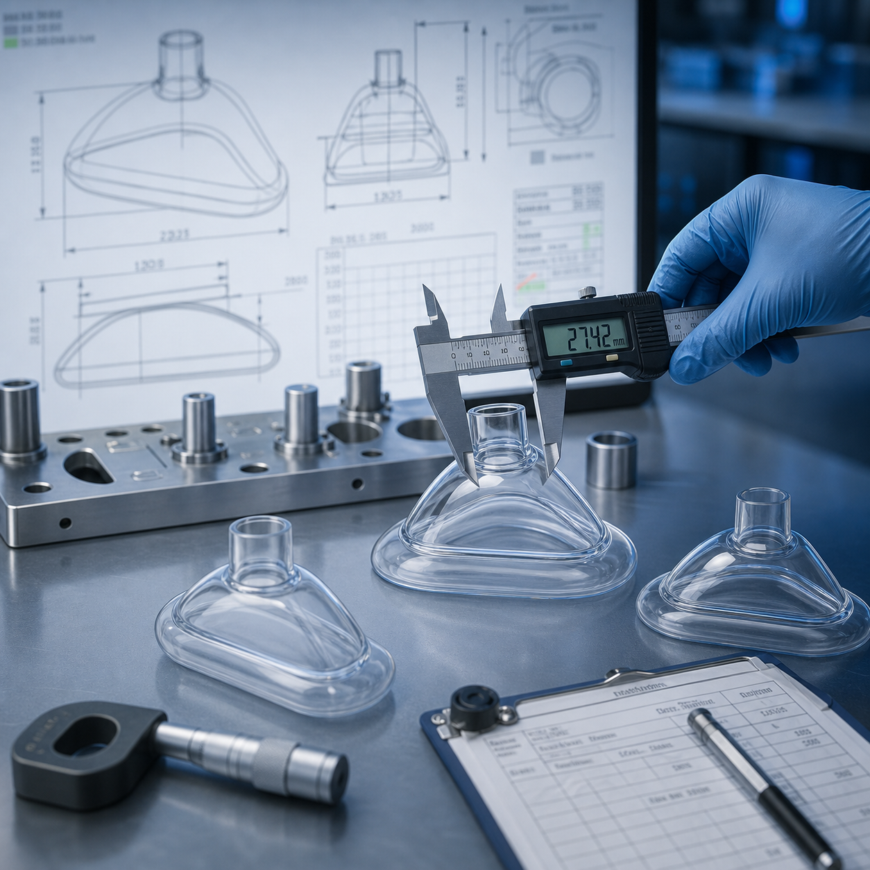 cinematic 3D dimensional control mask inspection scene with calipers transparent mask geometry and lab report