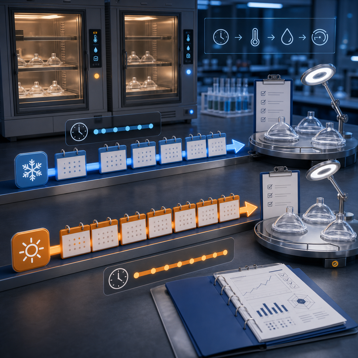 cinematic 3D FAC02 accelerated aging timeline comparing 33 day and 65 day chamber intervals as model based exposures