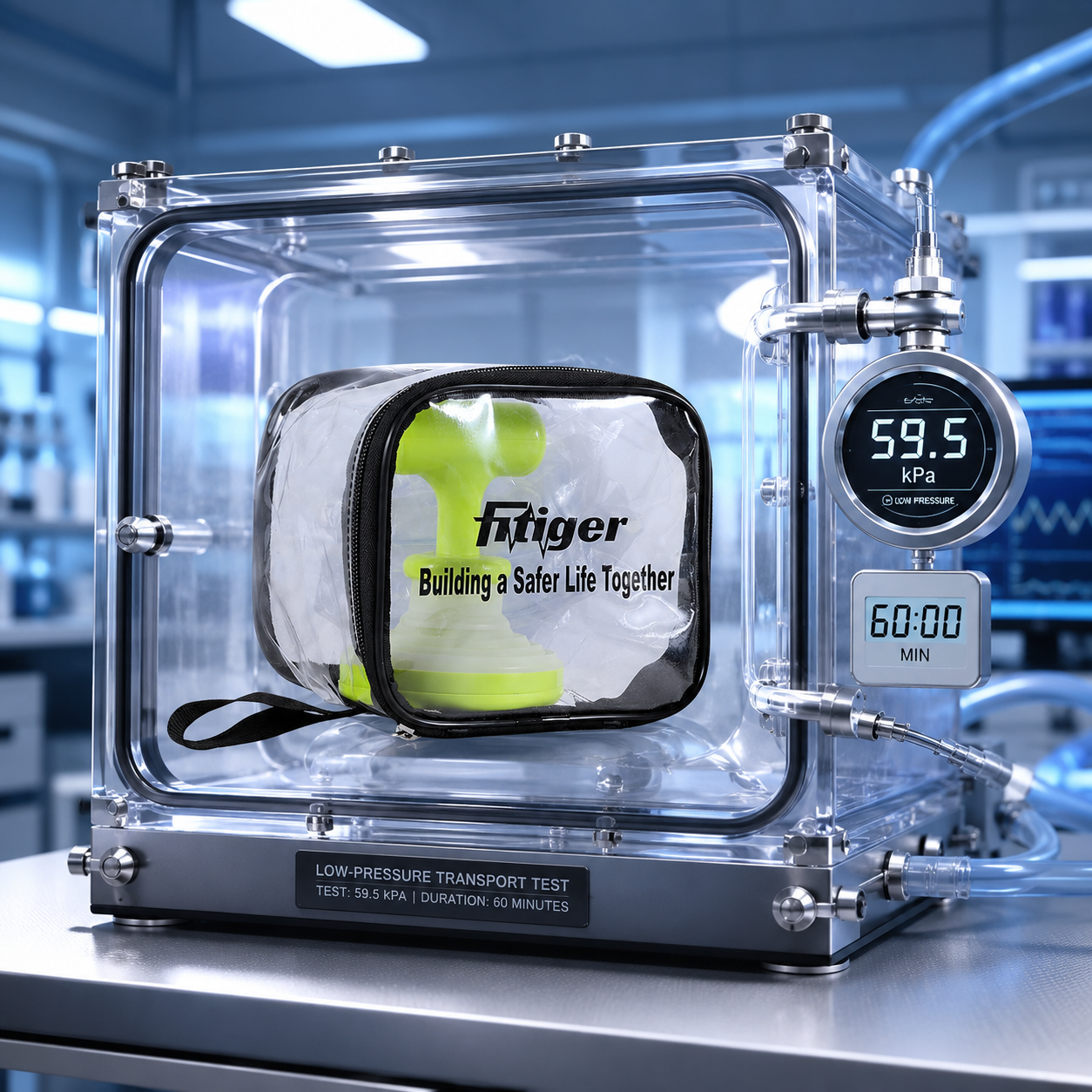 cinematic 3D FAC02 packaged shipping unit inside a low pressure transport chamber at 59.5 kPa for 60 minutes