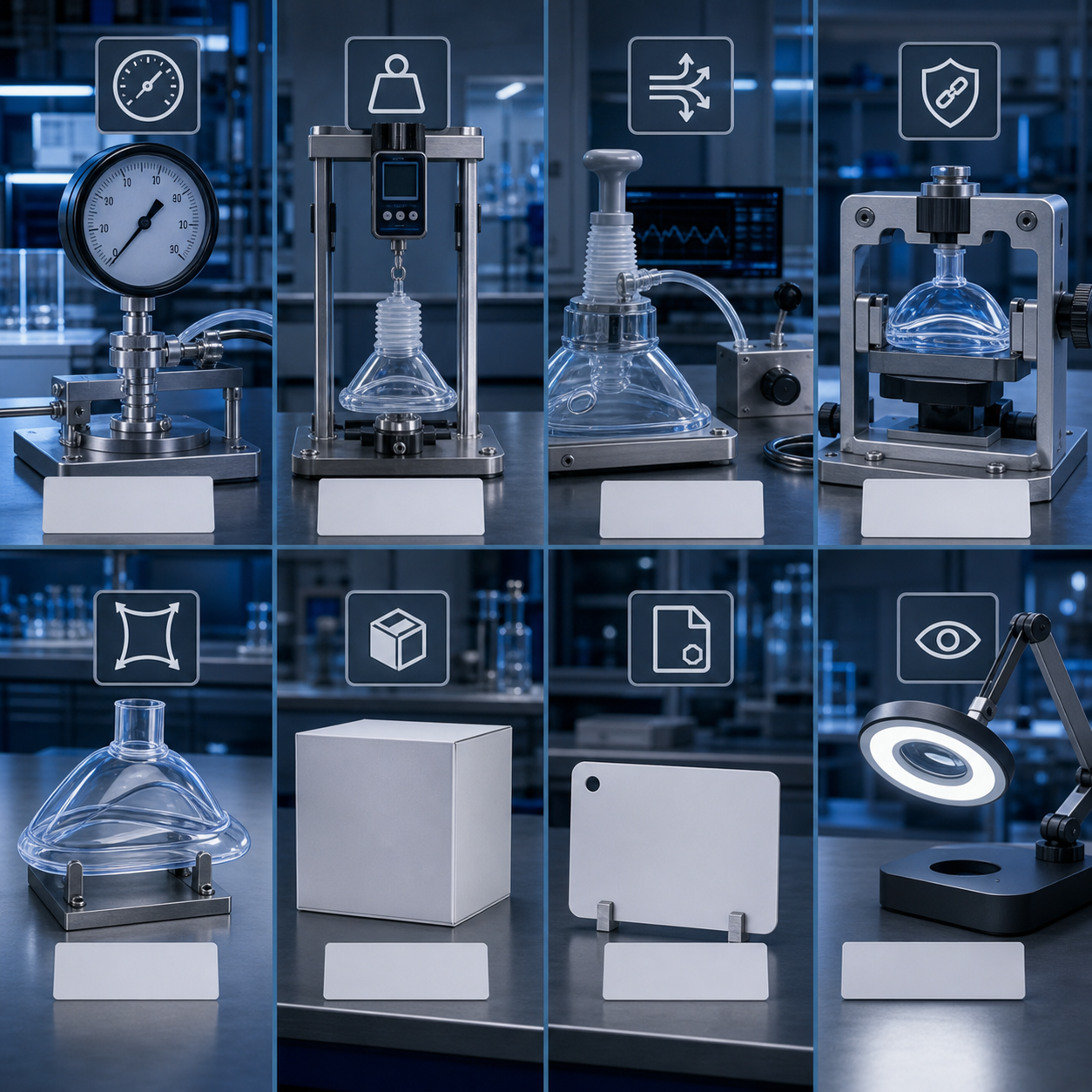 cinematic 3D post aging verification matrix scene with pressure gauge mask samples valves connection fixture packaging and label inspection