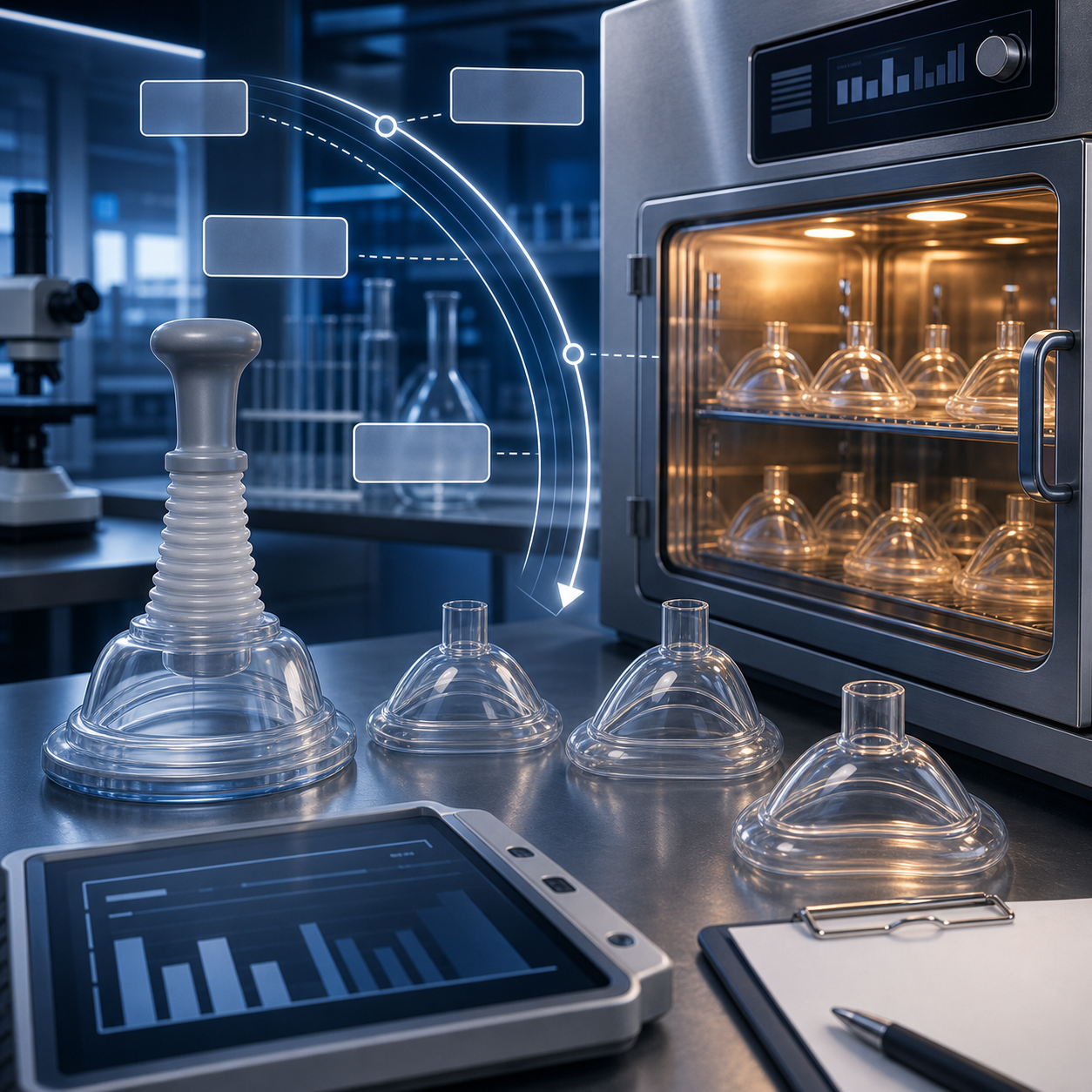 cinematic 3D Q10 accelerated aging model explainer showing temperature chamber calendar and abstract engineering formula without readable claims