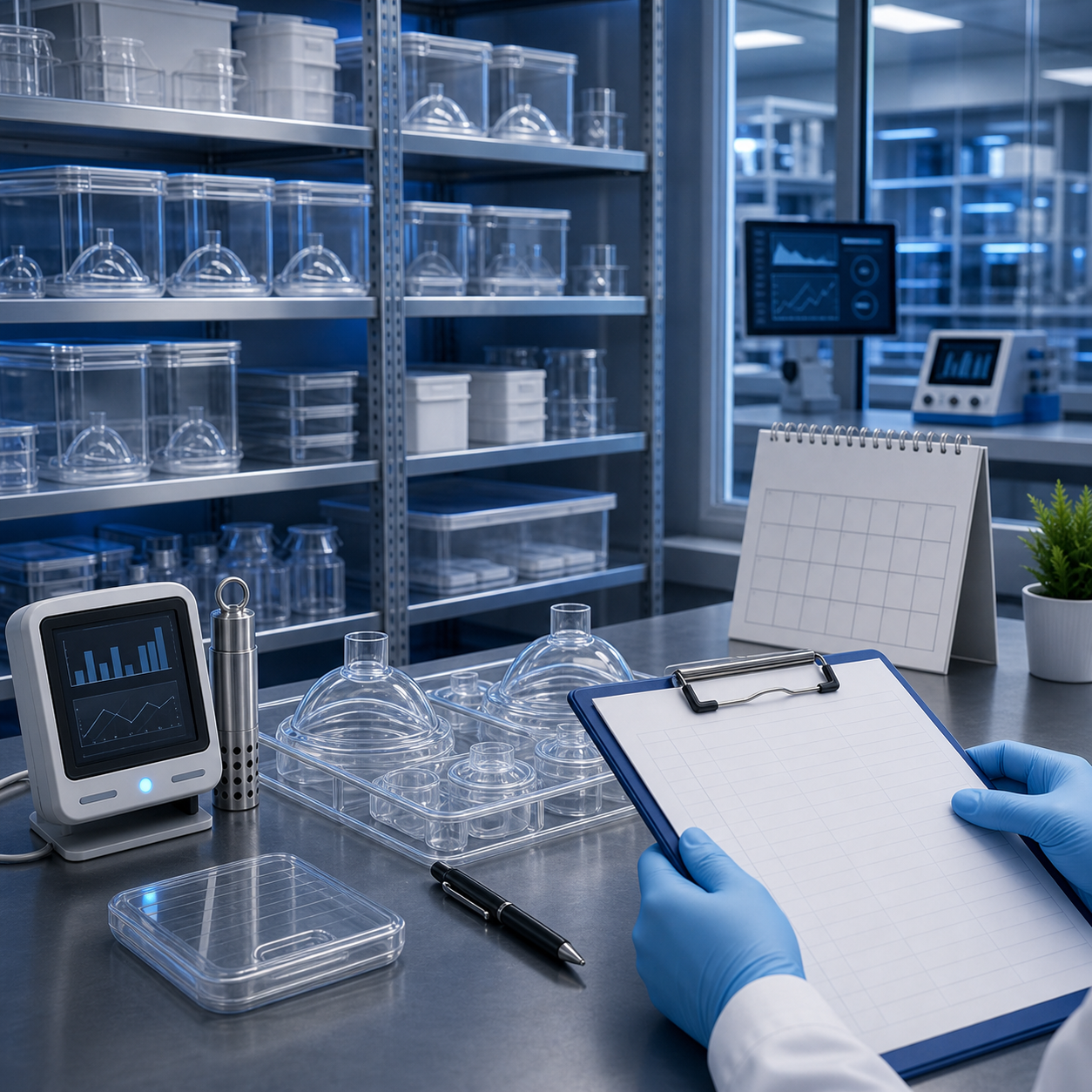 cinematic 3D real time aging validation scene with storage shelves environmental logger calendar and neutral medical kit samples