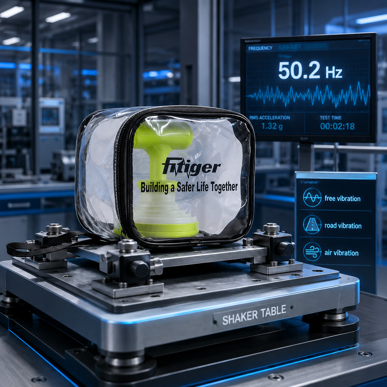 cinematic 3D FAC02 resonance and vibration test scene showing a 50.2 Hz measurement and road air vibration equipment