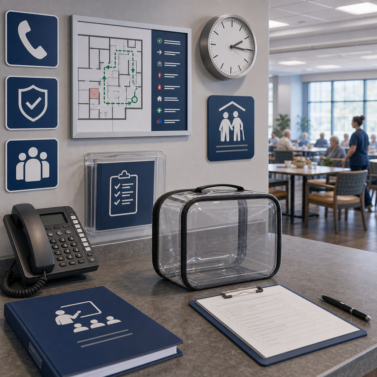 cinematic 3D school and care facility response circuit showing device staging point role card 911 phone inspection checklist and no active choking