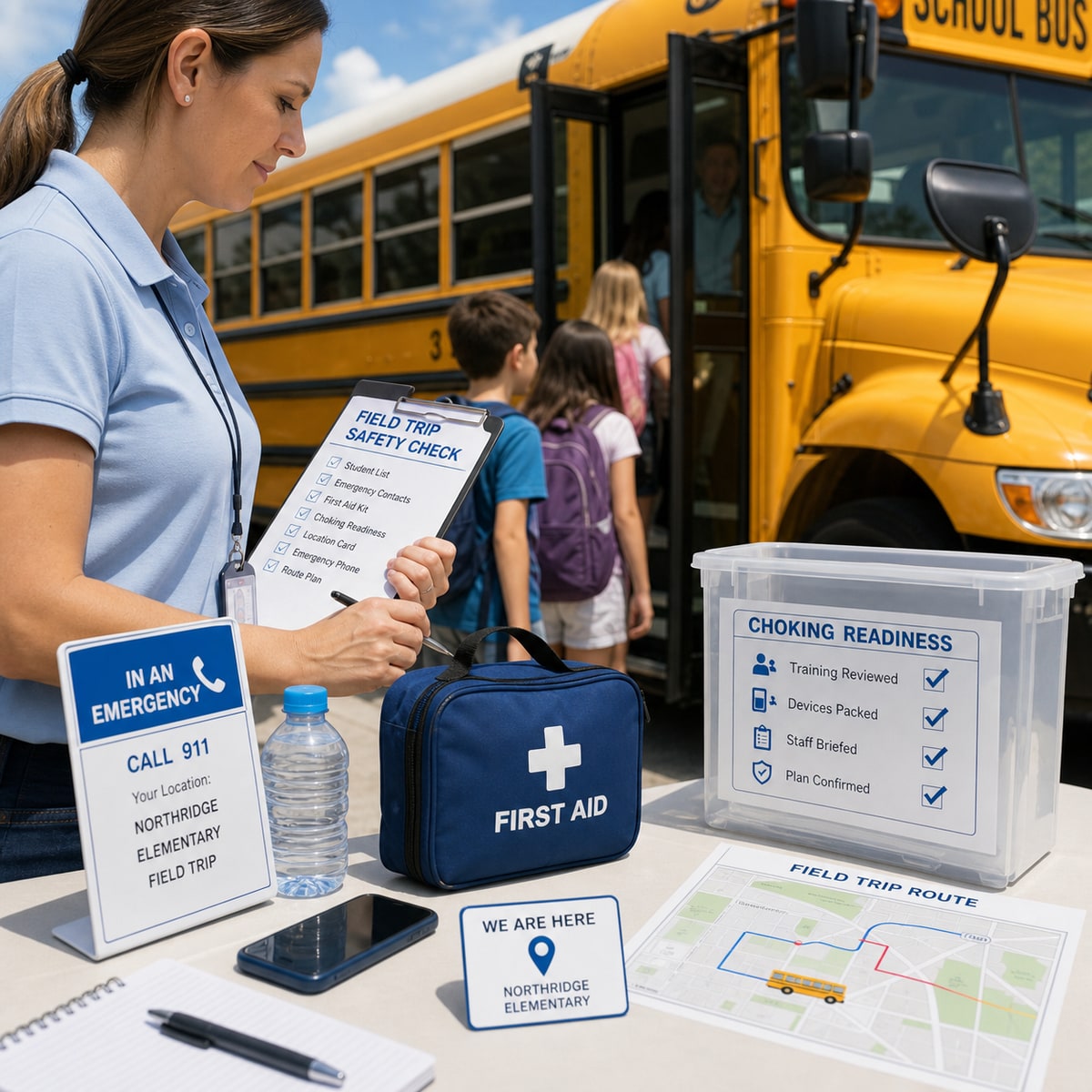 cinematic 3D field trip and school bus choking readiness setup with emergency phone route map and first aid pouch
