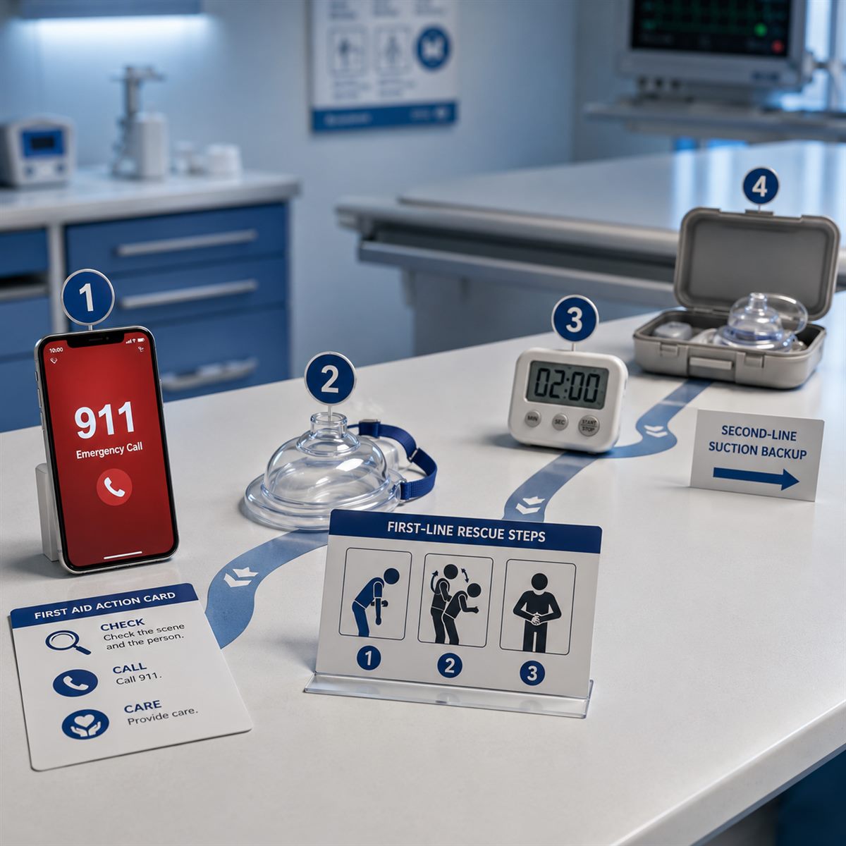 cinematic 3D first-line choking rescue and second-line suction backup pathway with 911 phone CPR barrier and neutral kit