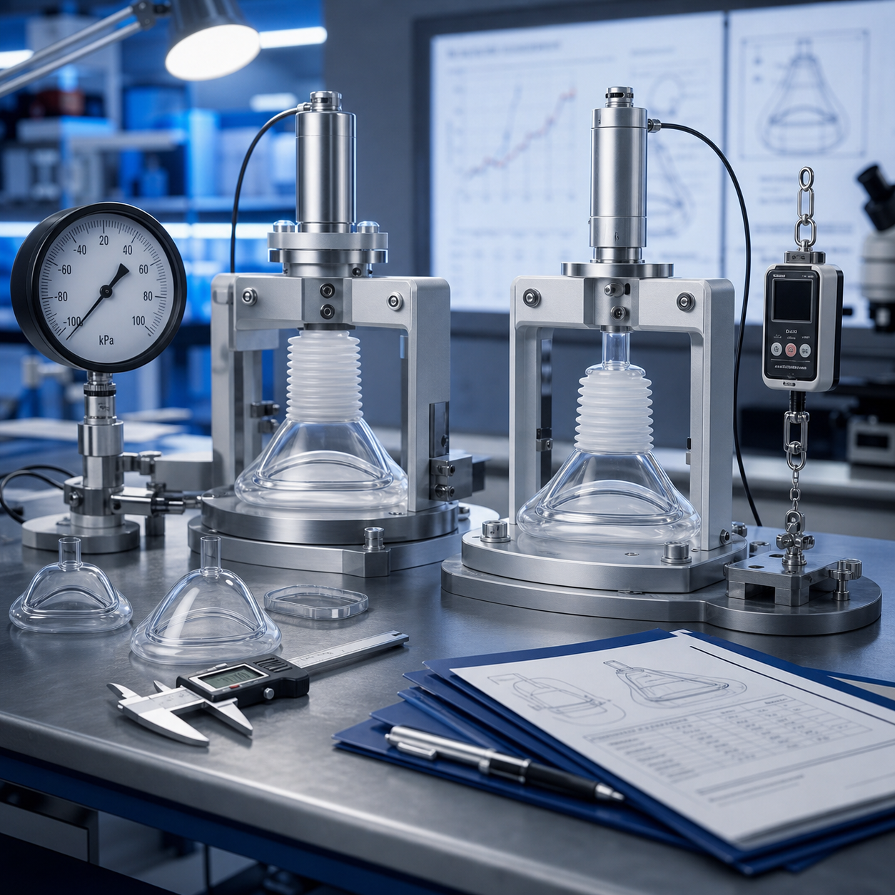 cinematic 3D FAC01 and FAC02 lab testing cover showing neutral medical testing fixtures pressure gauge pull force rig and evidence folders