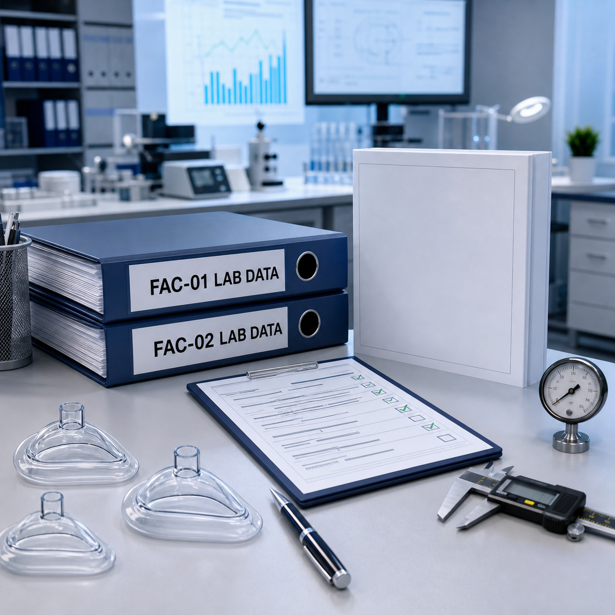 cinematic 3D buyer verification desk for FAC01 FAC02 lab testing showing reports IFU checklist and neutral device silhouettes