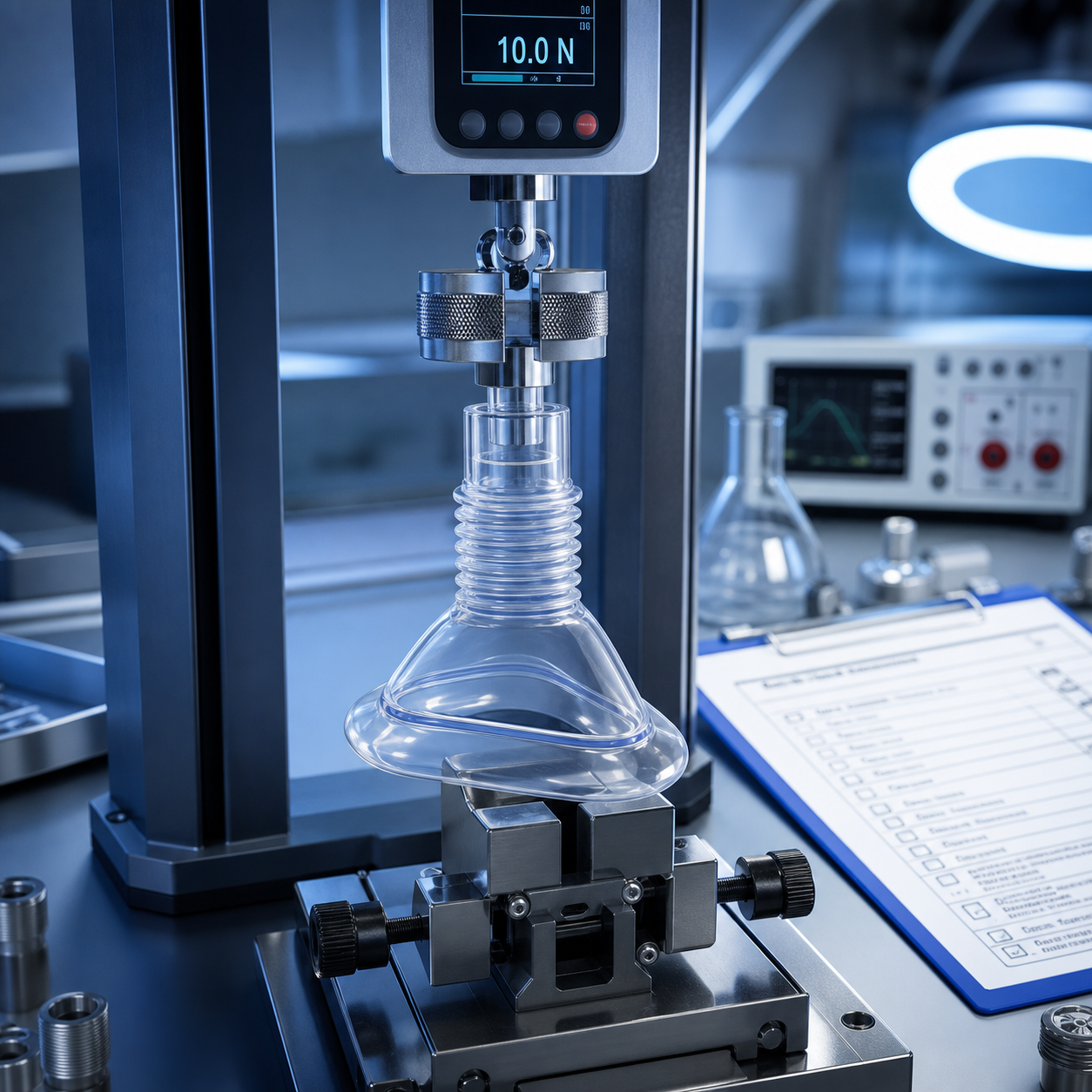 cinematic 3D mask connection retention test scene showing transparent mask fixture 10 N force gauge and safety lab equipment