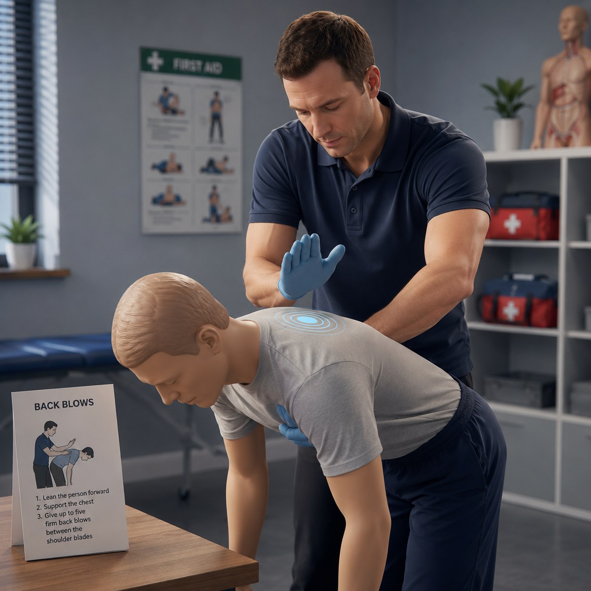 cinematic 3D five back blows choking first aid training scene with caregiver supporting chest and striking between shoulder blades on a training manikin