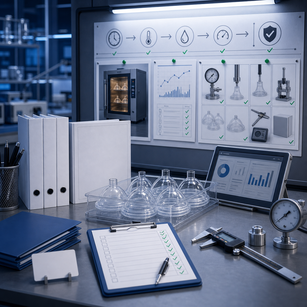 cinematic 3D procurement review of accelerated aging evidence with report folders storage checklist and inspection tools