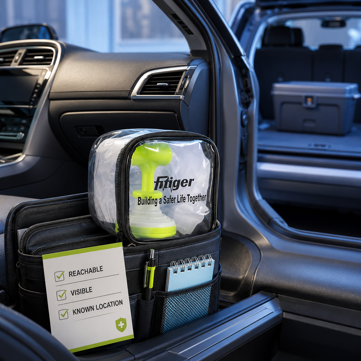 cinematic 3D FoldPumpVac reachable car kit placement showing front organizer readiness compared with buried trunk storage