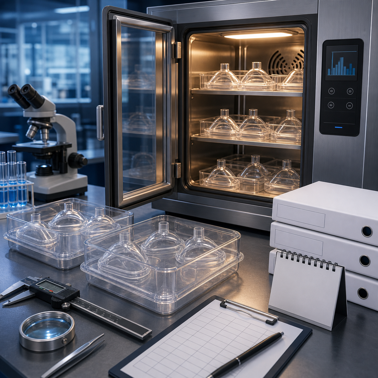 cinematic 3D FAC02 accelerated aging cover showing environmental chamber temperature model calendar and lab evidence folders without branded product body