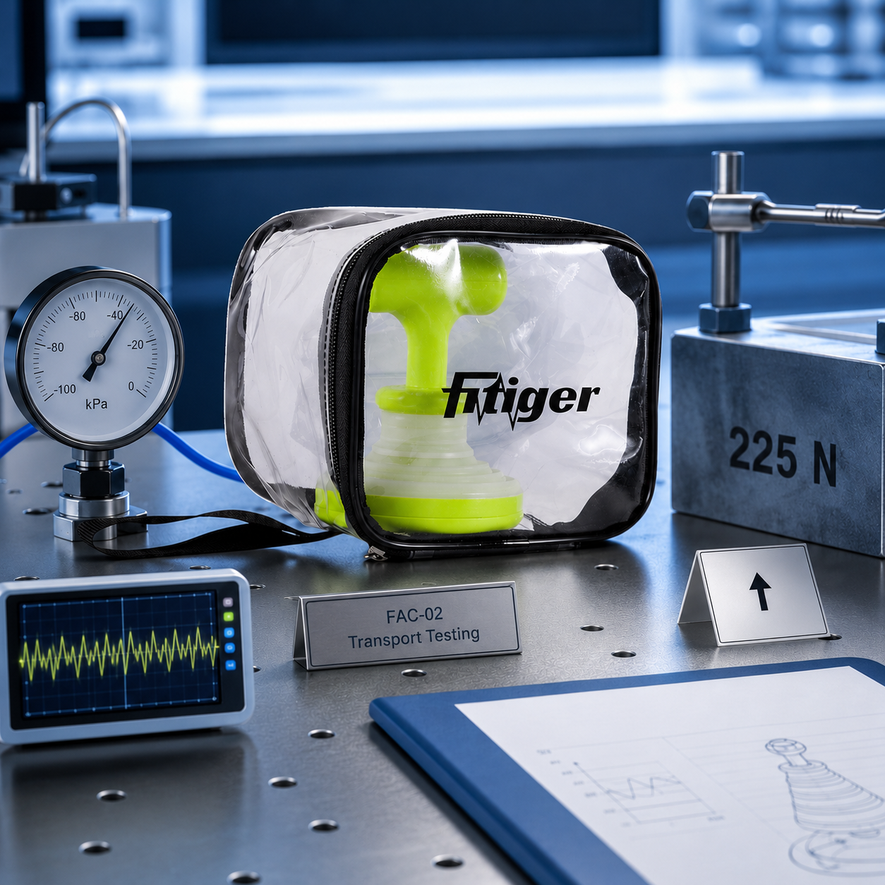 cinematic 3D FAC02 transport testing cover showing one neutral packaged shipping unit in an engineering lab with pressure vibration stacking and impact cues